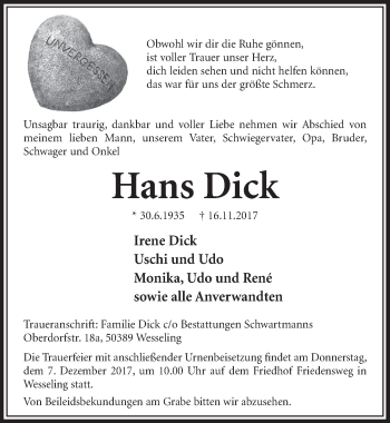 Anzeige von Hans Dick von  Schlossbote/Werbekurier 