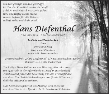 Anzeige von Hans Diefenthal von  Blickpunkt Euskirchen 