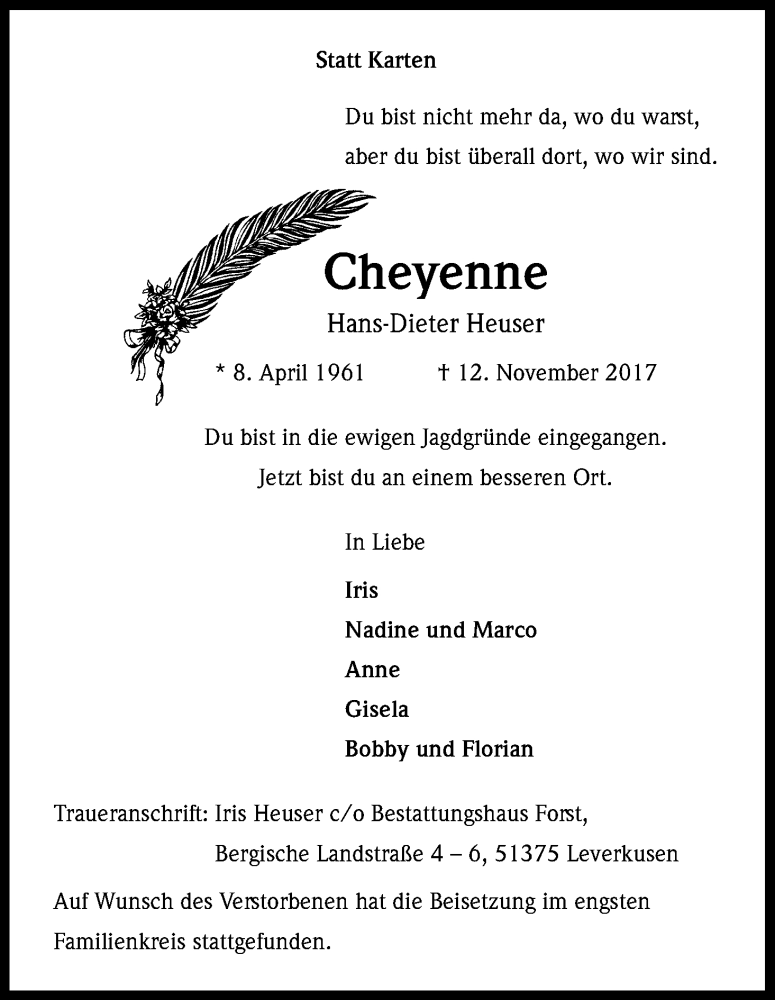  Traueranzeige für Hans-Dieter Heuser vom 25.11.2017 aus Kölner Stadt-Anzeiger / Kölnische Rundschau / Express