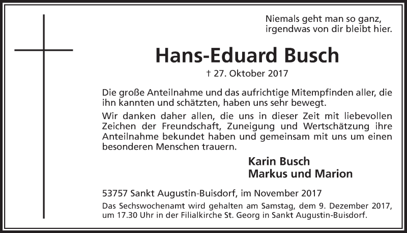  Traueranzeige für Hans-Eduard Busch vom 29.11.2017 aus  Extra Blatt 