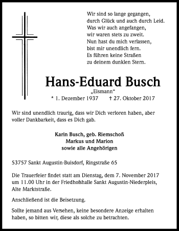 Anzeige von Hans-Eduard Busch von Kölner Stadt-Anzeiger / Kölnische Rundschau / Express