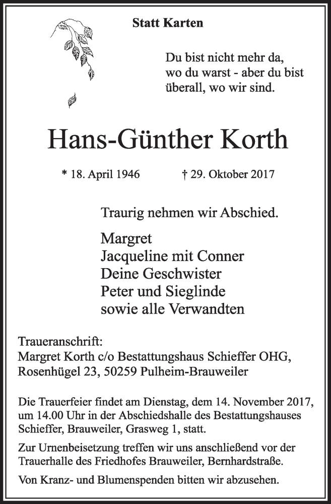  Traueranzeige für Hans-Günther Korth vom 04.11.2017 aus  Sonntags-Post 