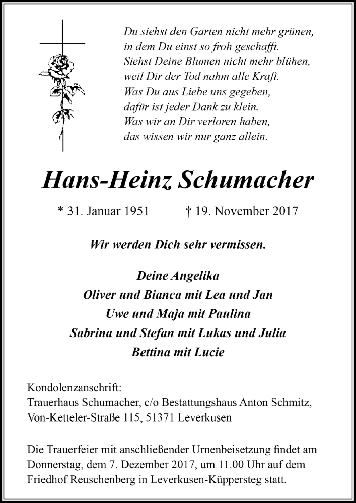  Traueranzeige für Hans-Heinz Schumacher vom 29.11.2017 aus  Lokale Informationen 