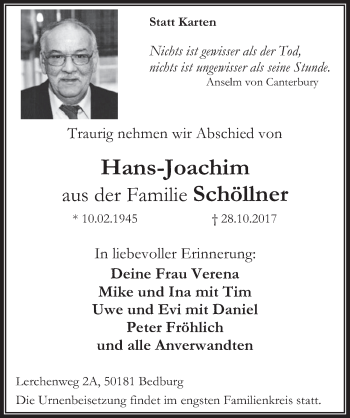 Anzeige von Hans-Joachim Schöllner von  Werbepost 