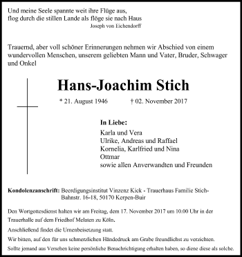 Anzeige von Hans-Joachim Stich von Kölner Stadt-Anzeiger / Kölnische Rundschau / Express