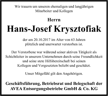 Anzeige von Hans-Josef Krysztofiak von Kölner Stadt-Anzeiger / Kölnische Rundschau / Express
