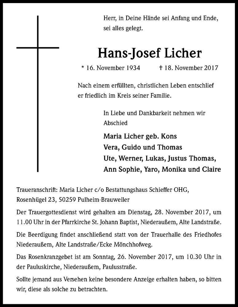  Traueranzeige für Hans-Josef Licher vom 25.11.2017 aus Kölner Stadt-Anzeiger / Kölnische Rundschau / Express