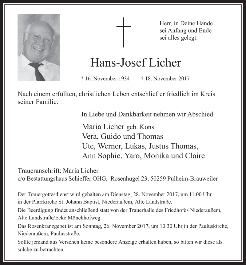  Traueranzeige für Hans-Josef Licher vom 22.11.2017 aus  Werbepost 