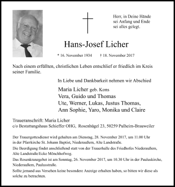 Anzeige von Hans-Josef Licher von Kölner Stadt-Anzeiger / Kölnische Rundschau / Express
