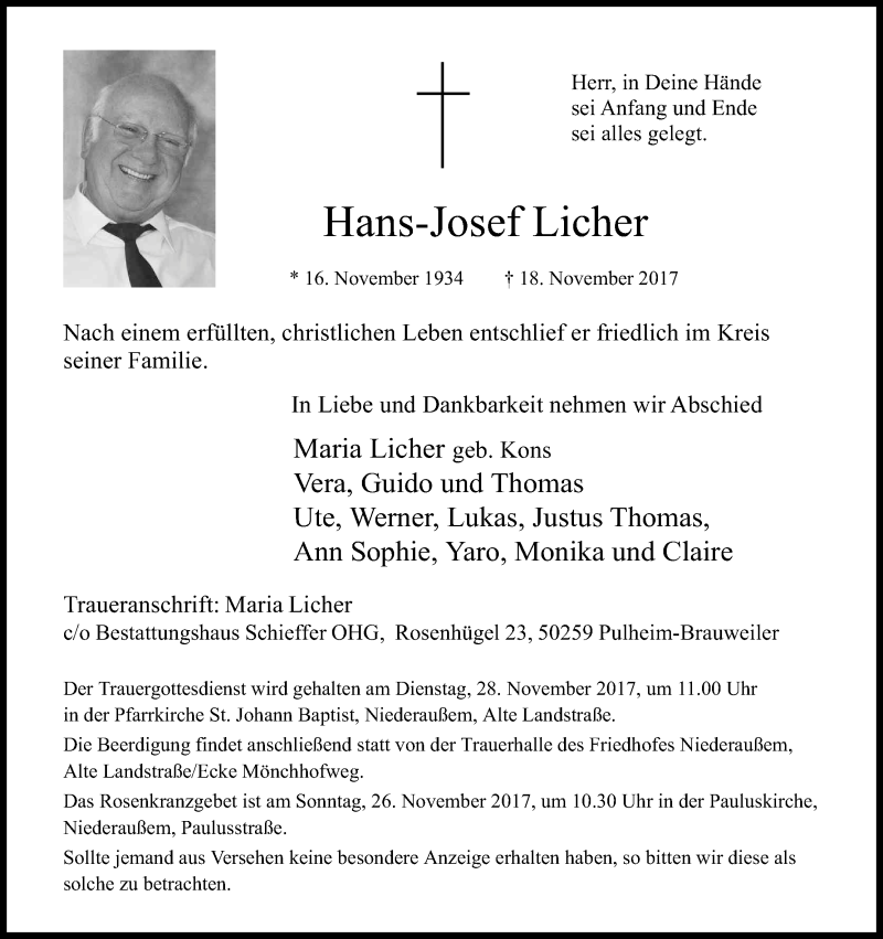  Traueranzeige für Hans-Josef Licher vom 22.11.2017 aus Kölner Stadt-Anzeiger / Kölnische Rundschau / Express