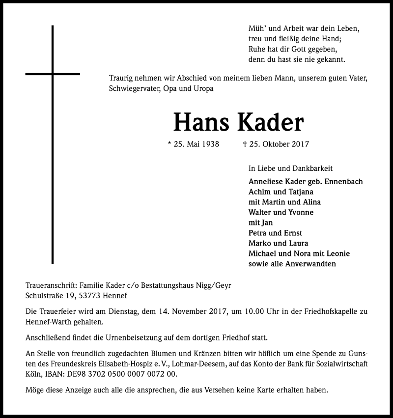  Traueranzeige für Hans Kader vom 04.11.2017 aus Kölner Stadt-Anzeiger / Kölnische Rundschau / Express