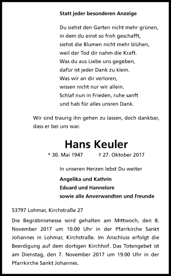 Anzeige von Hans Keuler von Kölner Stadt-Anzeiger / Kölnische Rundschau / Express