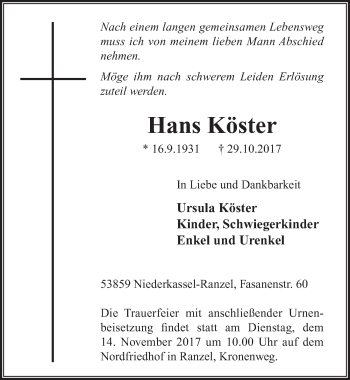 Anzeige von Hans Köster von  Extra Blatt 