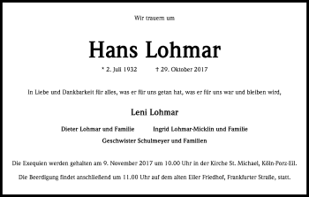 Anzeige von Hans Lohmar von Kölner Stadt-Anzeiger / Kölnische Rundschau / Express