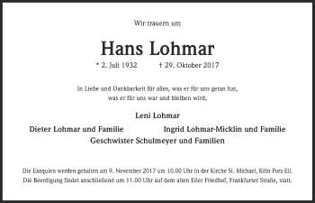 Anzeige von Hans Lohmar von  Kölner Wochenspiegel 