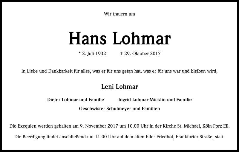  Traueranzeige für Hans Lohmar vom 04.11.2017 aus Kölner Stadt-Anzeiger / Kölnische Rundschau / Express