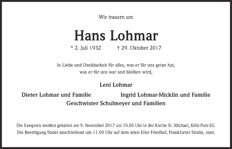  Traueranzeige für Hans Lohmar vom 08.11.2017 aus  Kölner Wochenspiegel 