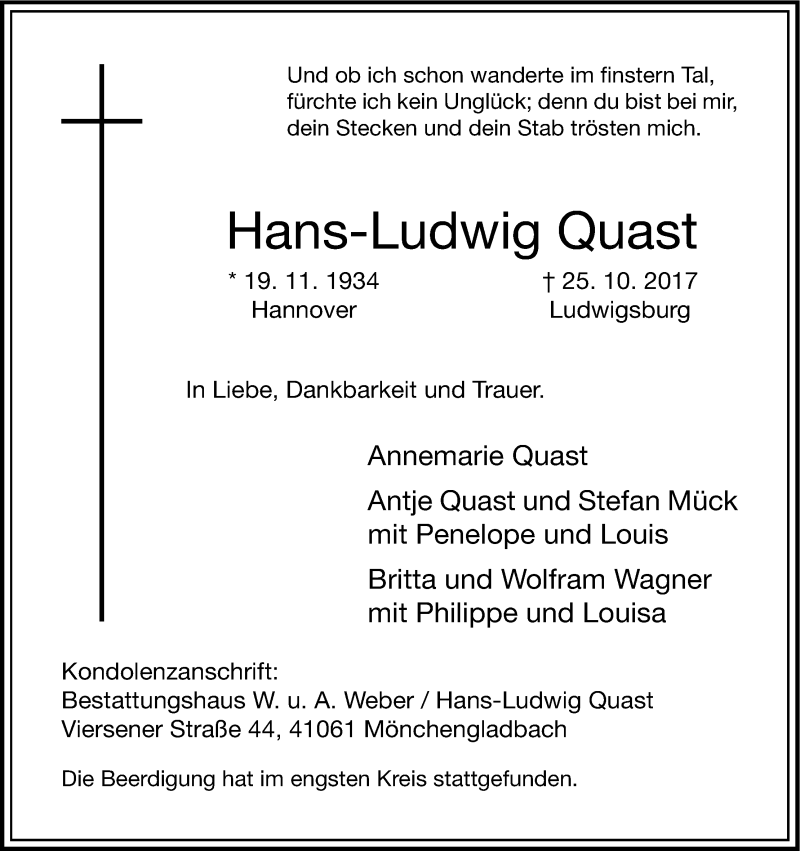  Traueranzeige für Hans-Ludwig Quast vom 04.11.2017 aus Kölner Stadt-Anzeiger / Kölnische Rundschau / Express