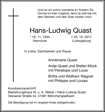 Anzeige von Hans-Ludwig Quast von Kölner Stadt-Anzeiger / Kölnische Rundschau / Express