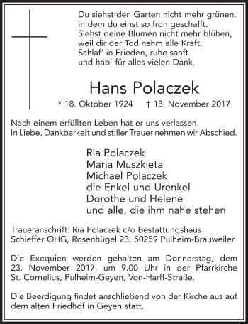 Anzeige von Hans Polaczek von  Sonntags-Post 