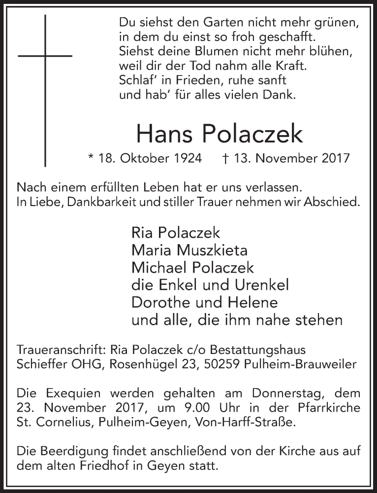 Traueranzeige für Hans Polaczek vom 18.11.2017 aus  Sonntags-Post 