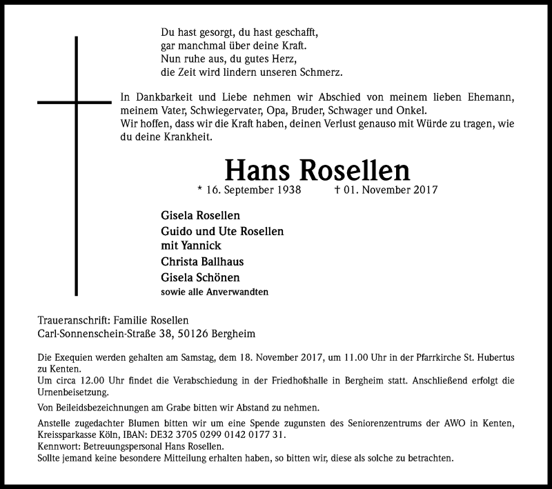  Traueranzeige für Hans Rosellen vom 11.11.2017 aus Kölner Stadt-Anzeiger / Kölnische Rundschau / Express