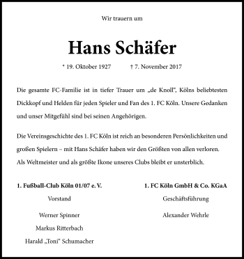 Anzeige von Hans Schäfer von Kölner Stadt-Anzeiger / Kölnische Rundschau / Express