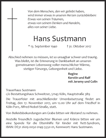 Anzeige von Hans Sustmann von  Kölner Wochenspiegel 