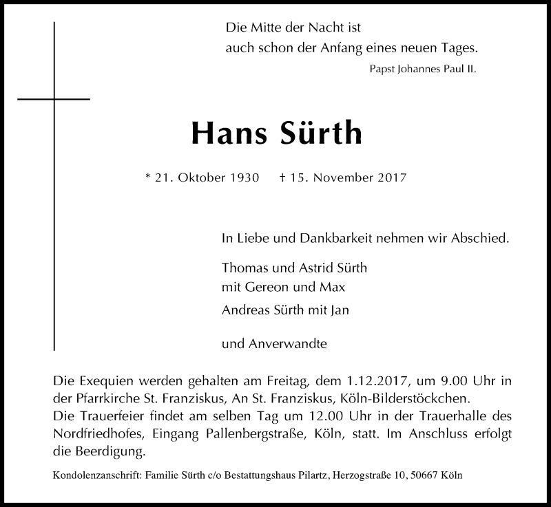  Traueranzeige für Hans Sürth vom 25.11.2017 aus Kölner Stadt-Anzeiger / Kölnische Rundschau / Express
