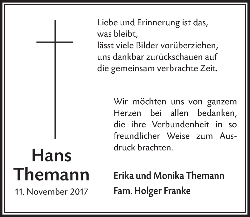  Traueranzeige für Hans Themann vom 29.11.2017 aus  Lokalanzeiger 
