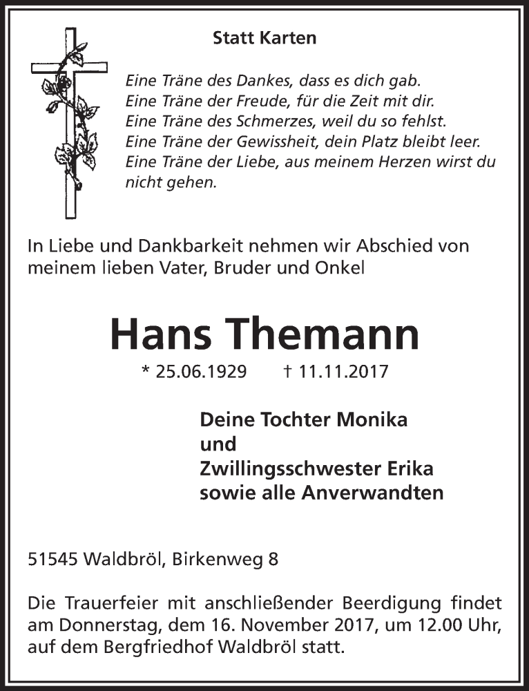  Traueranzeige für Hans Themann vom 15.11.2017 aus  Lokalanzeiger 
