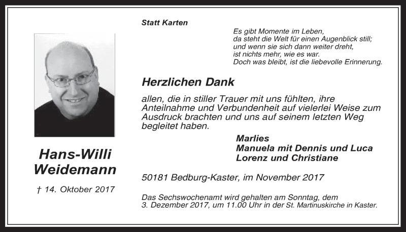  Traueranzeige für Hans-Willi Weidemann vom 22.11.2017 aus  Werbepost 