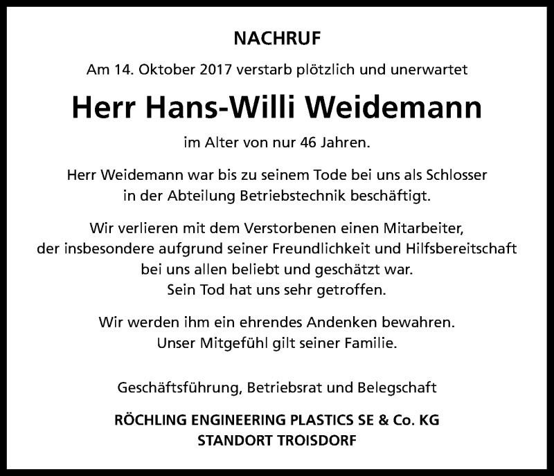  Traueranzeige für Hans-Willi Weidemann vom 04.11.2017 aus Kölner Stadt-Anzeiger / Kölnische Rundschau / Express