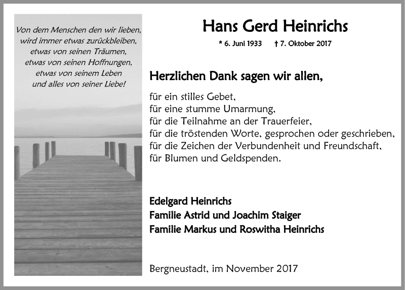  Traueranzeige für Hans Gerd Heinrichs vom 22.11.2017 aus  Anzeigen Echo 