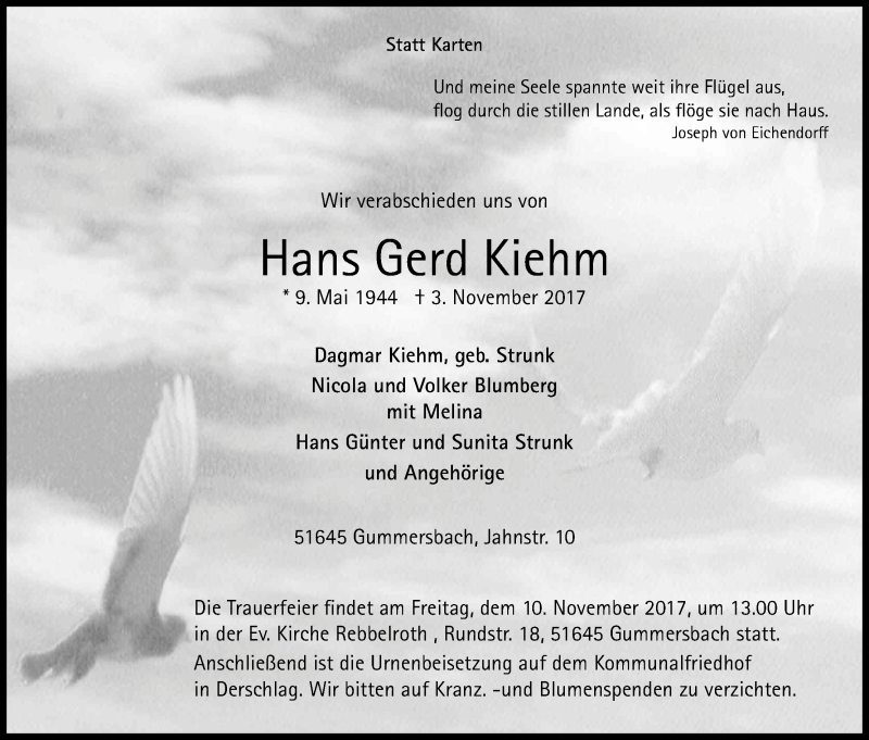  Traueranzeige für Hans Gerd Kiehm vom 08.11.2017 aus Kölner Stadt-Anzeiger / Kölnische Rundschau / Express
