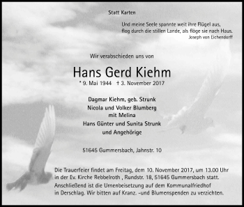 Anzeige von Hans Gerd Kiehm von Kölner Stadt-Anzeiger / Kölnische Rundschau / Express