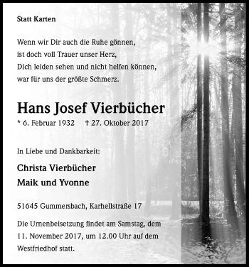 Anzeige von Hans Josef Vierbücher von Kölner Stadt-Anzeiger / Kölnische Rundschau / Express