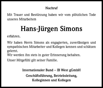 Anzeige von Hans Jürgen Simons von Kölner Stadt-Anzeiger / Kölnische Rundschau / Express