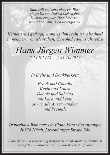 Anzeige von Hans Jürgen Wimmer von  Wochenende 
