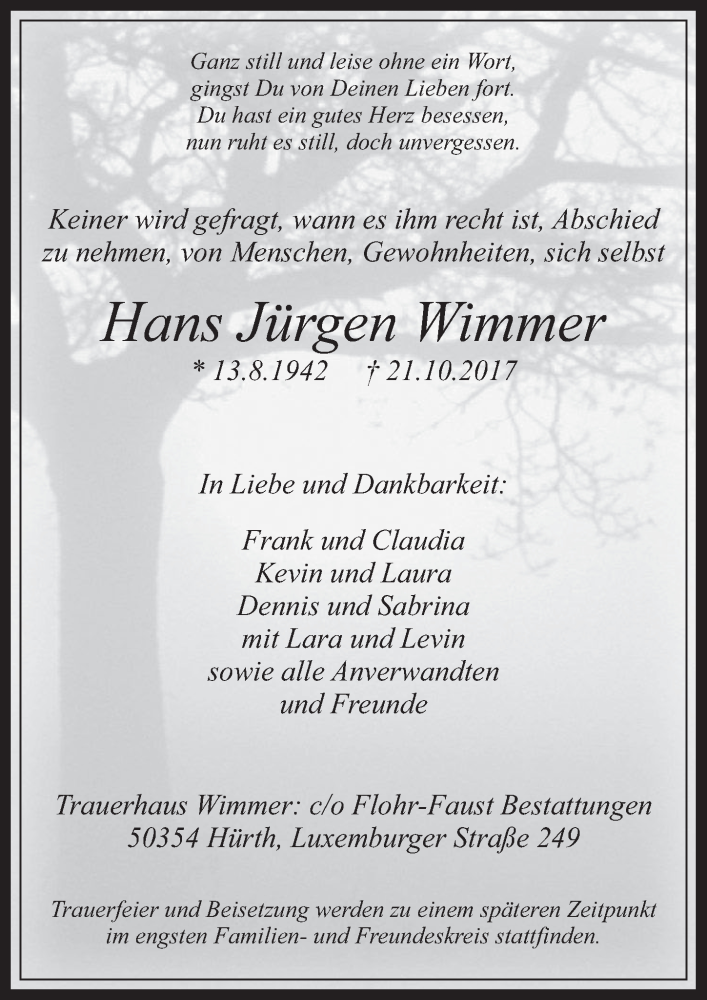  Traueranzeige für Hans Jürgen Wimmer vom 02.11.2017 aus  Wochenende 