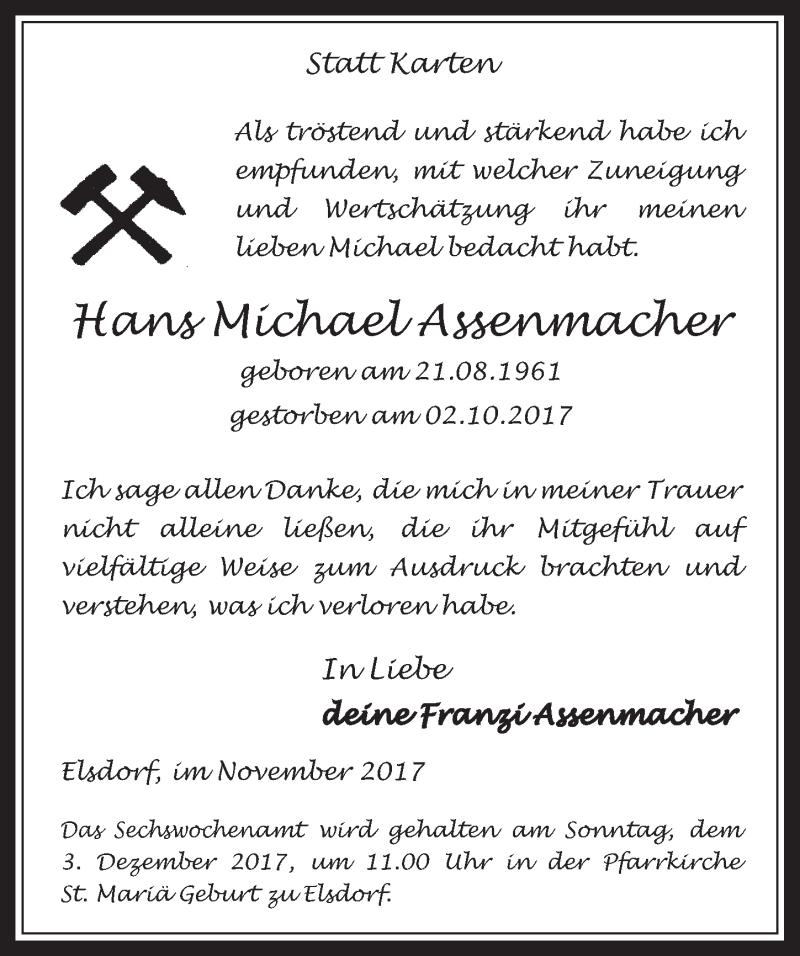  Traueranzeige für Hans Michael Assenmacher vom 29.11.2017 aus  Werbepost 