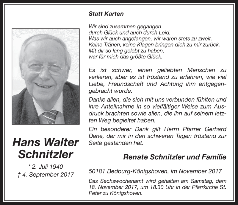  Traueranzeige für Hans Walter Schnitzler vom 08.11.2017 aus  Werbepost 