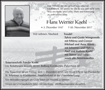 Anzeige von Hans Werner Koehl von  Werbepost 