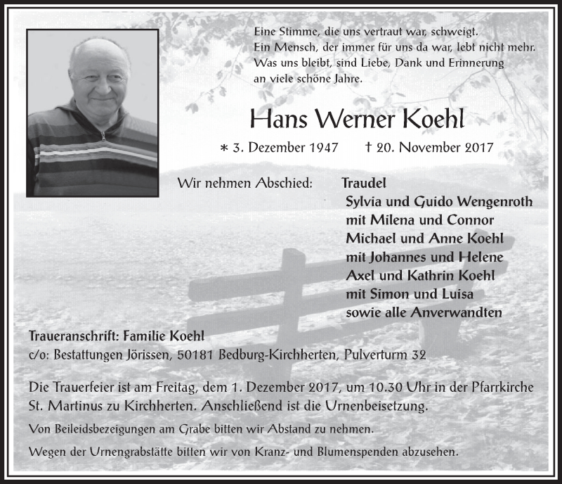  Traueranzeige für Hans Werner Koehl vom 29.11.2017 aus  Werbepost 