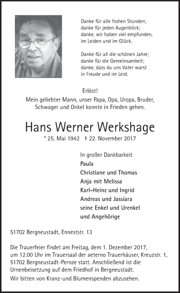 Anzeige von Hans Werner Werkshage von  Anzeigen Echo 