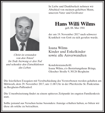 Anzeige von Hans Willi Wilms von  Sonntags-Post 