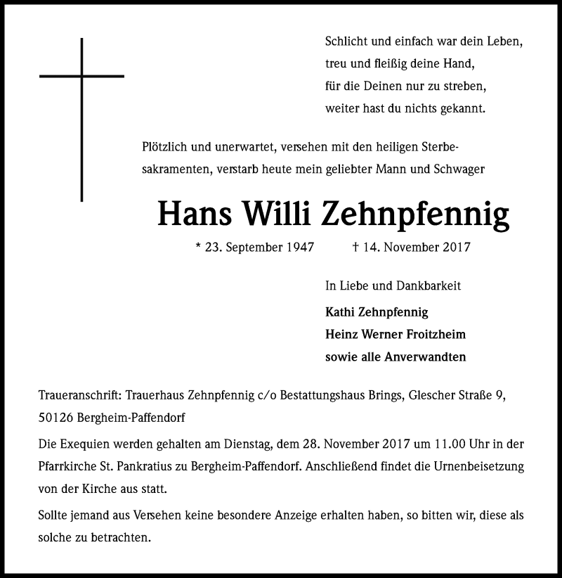  Traueranzeige für Hans Willi Zehnpfennig vom 22.11.2017 aus Kölner Stadt-Anzeiger / Kölnische Rundschau / Express