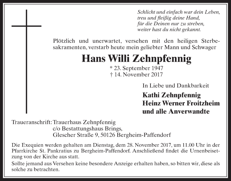  Traueranzeige für Hans Willi Zehnpfennig vom 22.11.2017 aus  Werbepost 