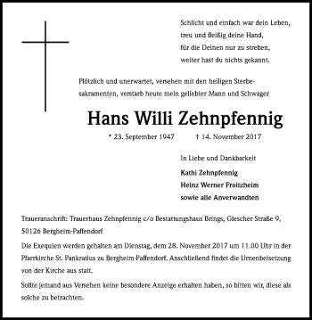 Anzeige von Hans Willi Zehnpfennig von Kölner Stadt-Anzeiger / Kölnische Rundschau / Express