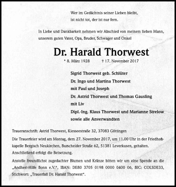 Anzeige von Harald Thorwest von Kölner Stadt-Anzeiger / Kölnische Rundschau / Express